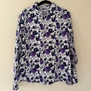 IBKUL Women's Purple Floral Mesh Sleeve Detail Quarter Zip 1/4 Zip Top Size XL